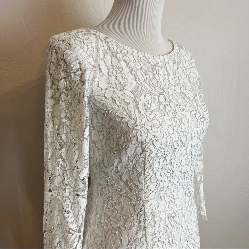 ✖️SOLD✖️•ADRIANNA PAPELL•White Formal Lace-Overlay Sheath Dress w/Metallic Sheen - Picture 5 of 15